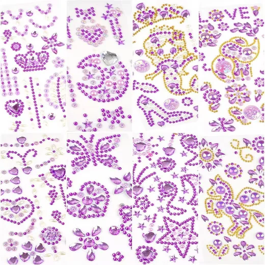 LUXUSKOLLEKTION Glitzersteine selbstklebend Einhorn 8 Blätter Violett