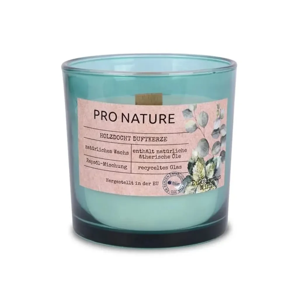 Müller-Kerzen Pro Nature Duftkerze Glas Eukalyptus Minze Holzdocht 40h
