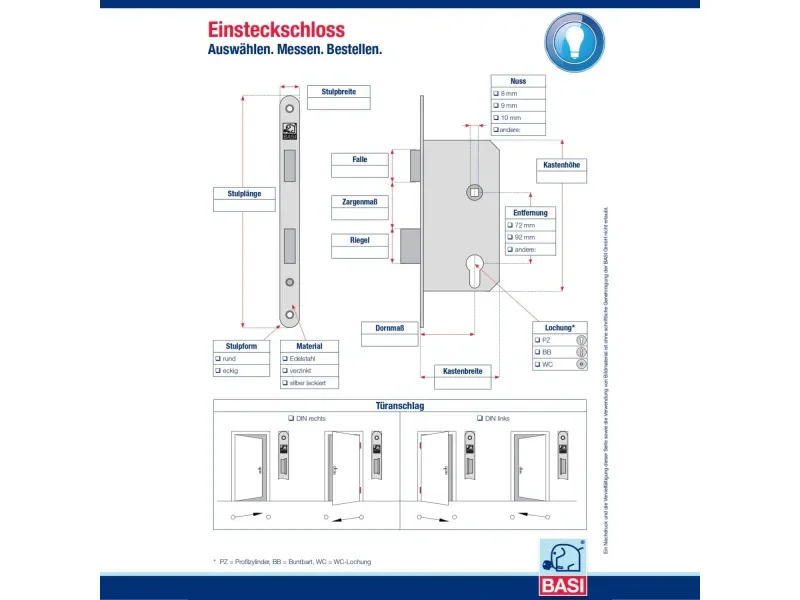 BASI Einsteck-Haustürschloss ES 979 PZ Stulp 22 mm kantig DIN links