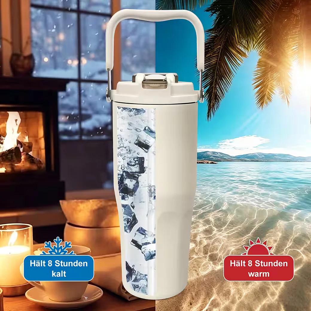 OSTWOLKE Isolierflasche Thermobecher mit Strohhalm und Henkel