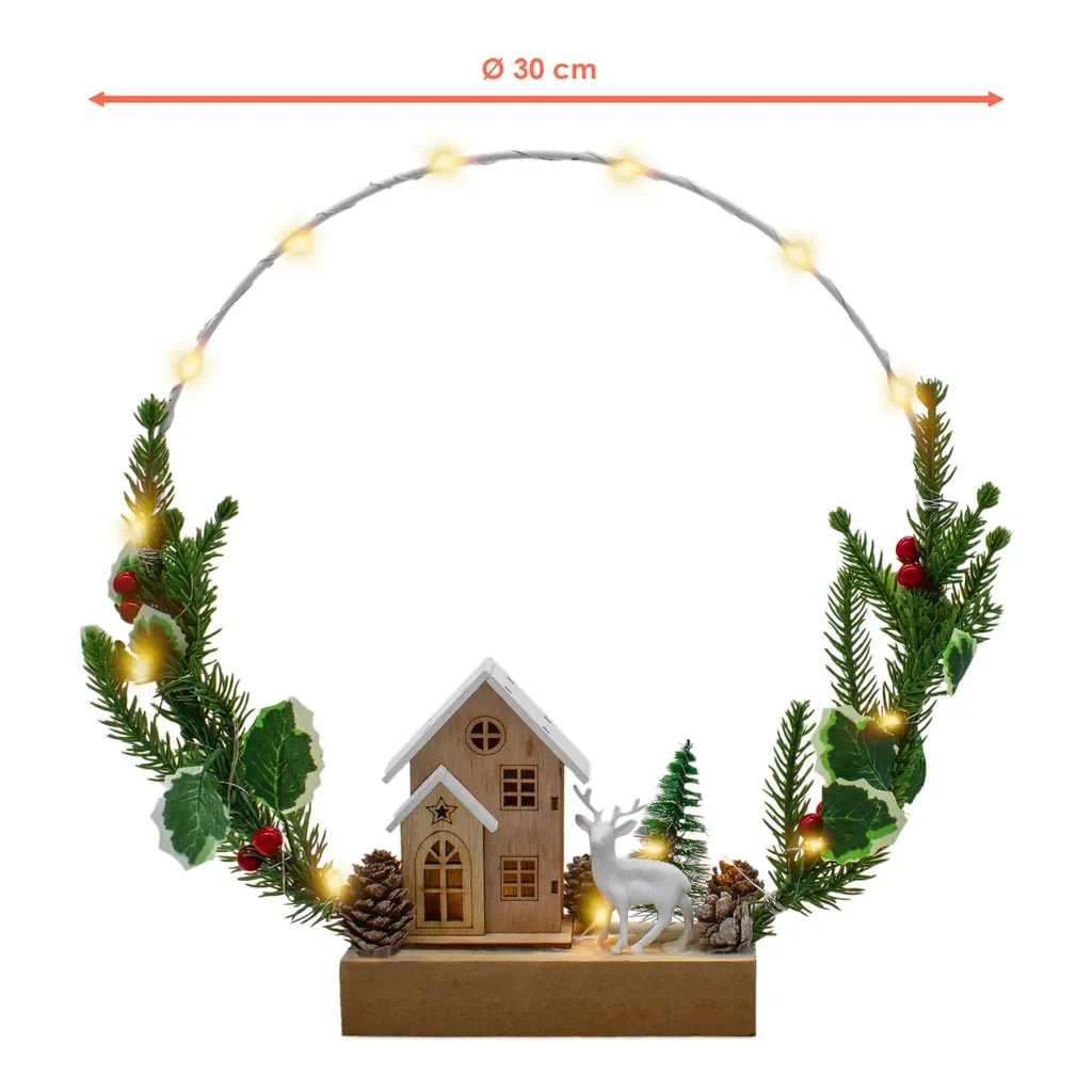 Spetebo LED Winterszene Ring 32 cm mit Tannengrün, Timer zum Stellen