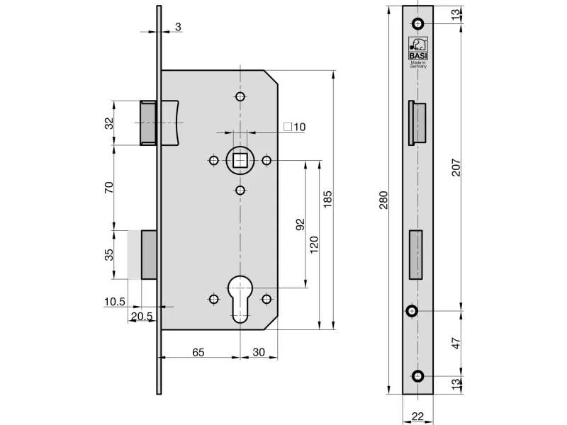 BASI Einsteck-Haustürschloss ES 979 PZ Stulp 22 mm kantig DIN links