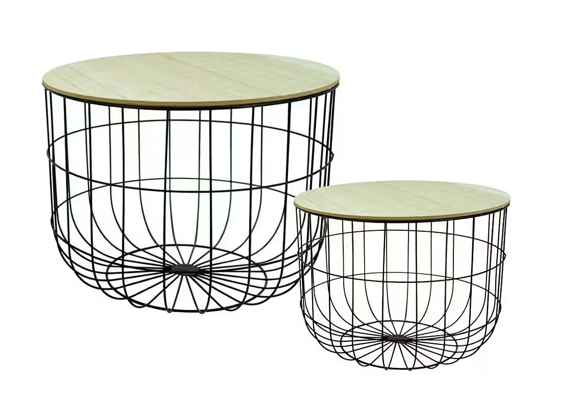 NOOR Gartentisch 2er Set Beistelltisch mit Holzplatte Drahtkorb
