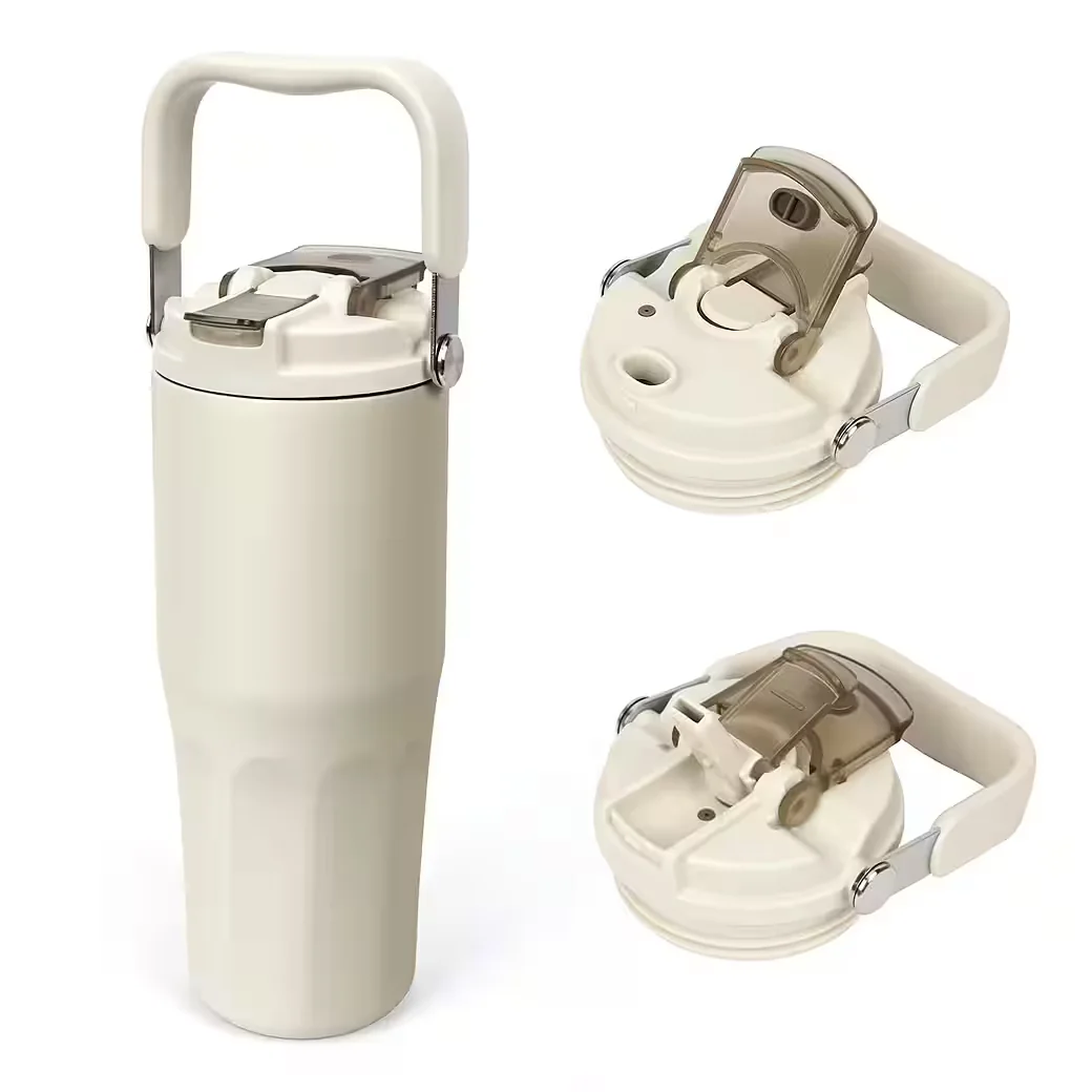 OSTWOLKE Isolierflasche Thermobecher mit Strohhalm und Henkel
