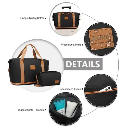 KONO 2-in-1 Reisetasche 36L Handgepäck erweiterbar mit Kosmetiktasche