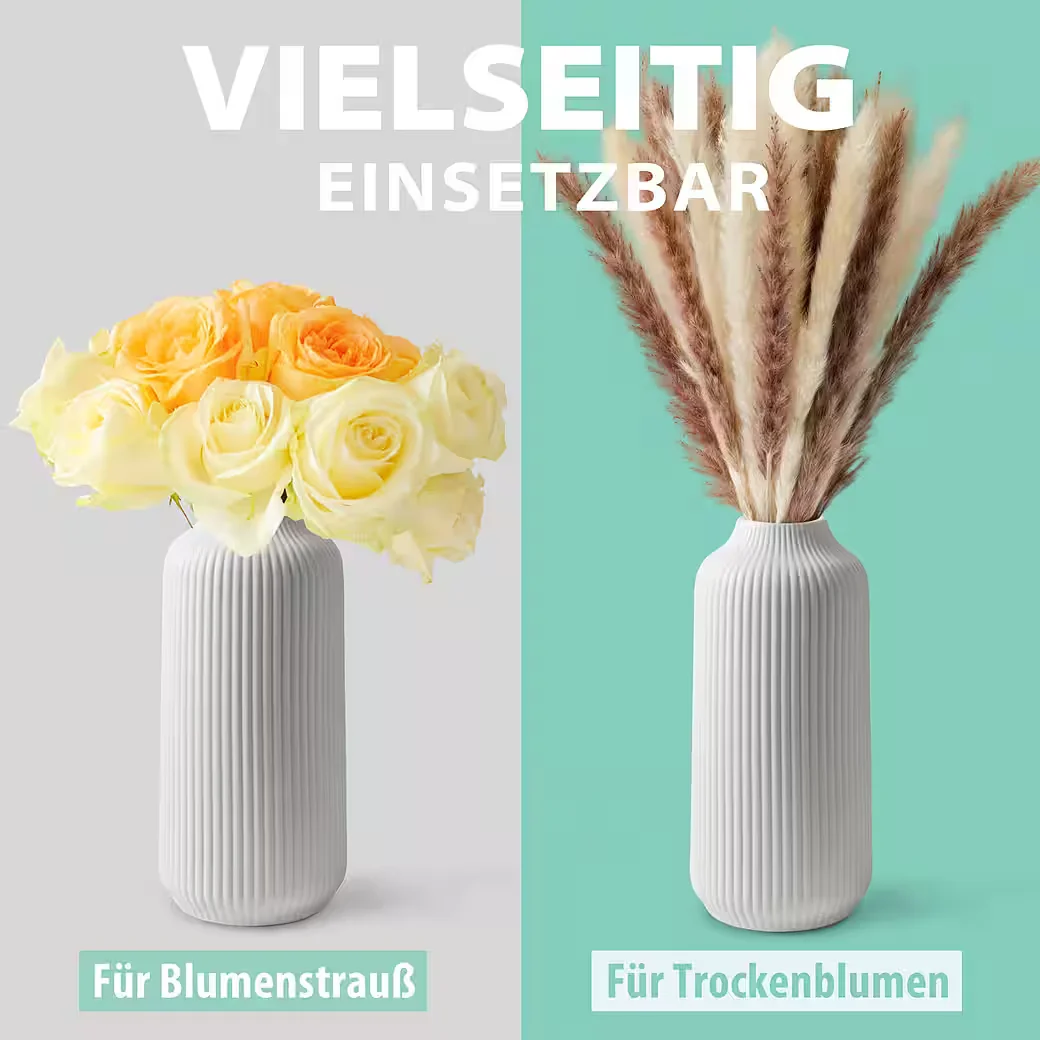 FLATURE Keramik Tischvase mit Rillen für Pampasgras und Blumen