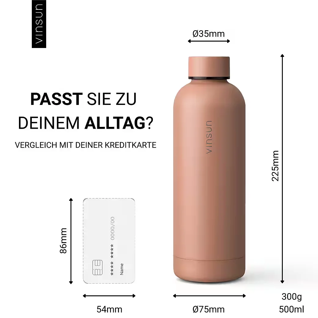 VINSUN Isolierflasche Edelstahl 500 ml, kohlensäuregeeignet, BPA-frei