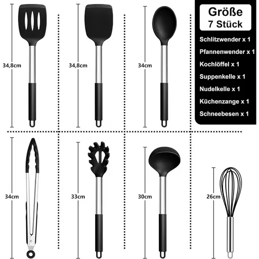 LUXUSKOLLEKTION Küchenhelfer Set 7 teilig Silikon schwarz antihaft