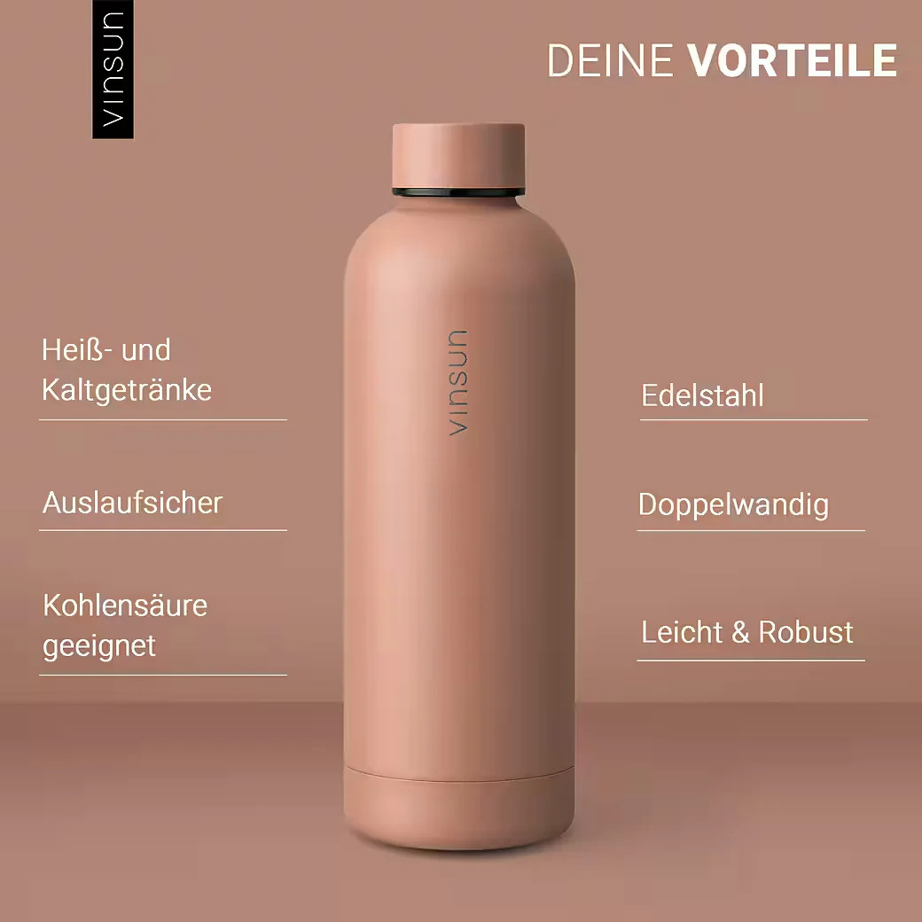 VINSUN Isolierflasche Edelstahl 500 ml, kohlensäuregeeignet, BPA-frei
