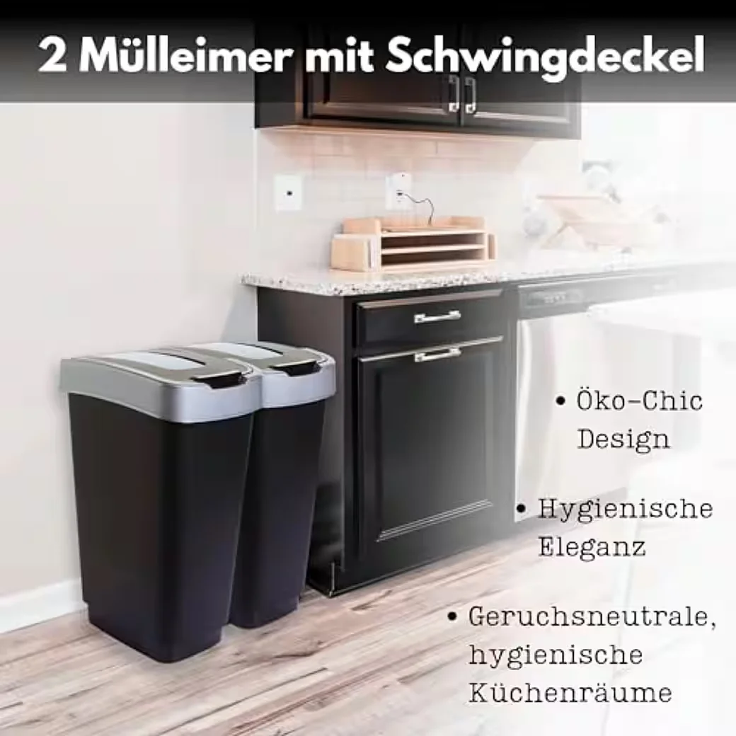 Centi Mülleimer 50L geruchsdicht Schwingdeckel schwarz Silberdeckel