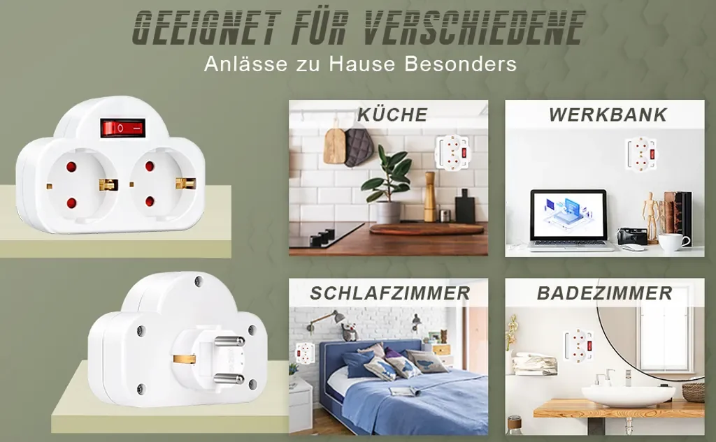 BENSON Steckdosenadapter mit Schalter, 2x Schuko, Zwischenstecker