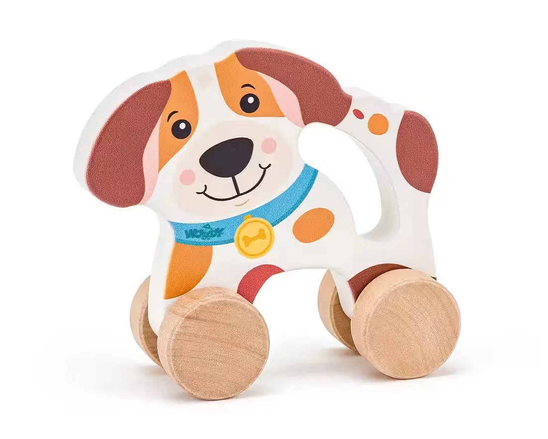WOODYLAND Holz Nachziehtier Hund Lernspielzeug mit Griff und Rädern