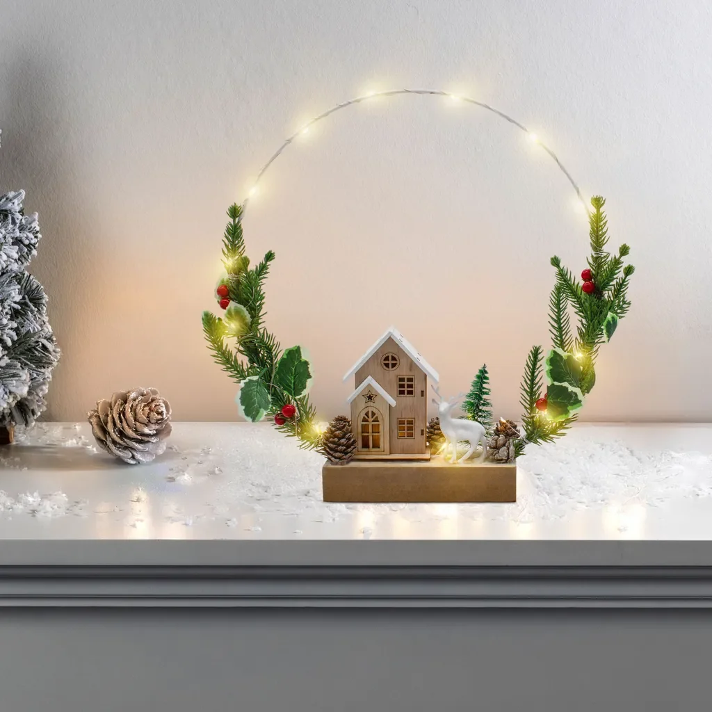 Spetebo LED Winterszene Ring 32 cm mit Tannengrün, Timer zum Stellen