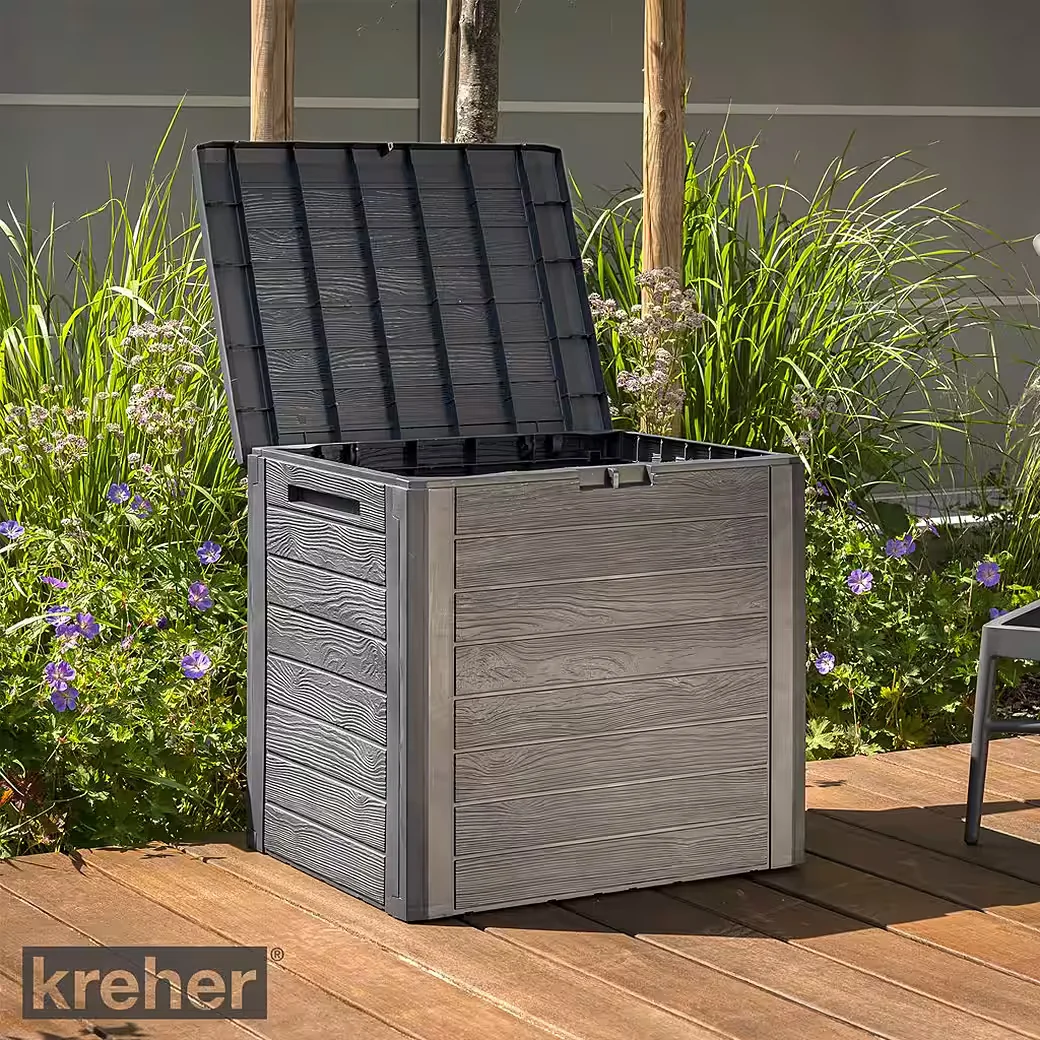 KREHER Kissenbox WOOD 140 L Auflagenbox Holzoptik Anthrazit
