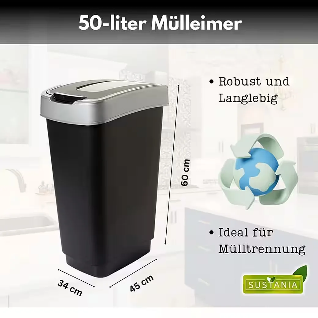 Centi Mülleimer 50L geruchsdicht Schwingdeckel schwarz Silberdeckel