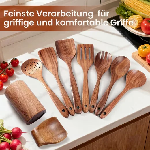 SURFOU Kochbesteck Küchenhelfer Set Akazienholz 9 teilig mit Ständer