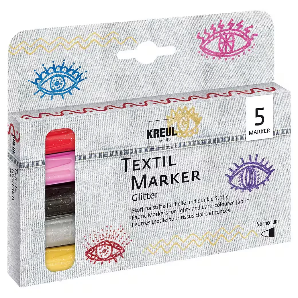 KREUL Textilmarker Glitter Medium 2-4 mm Set 5 Stück für Stoff